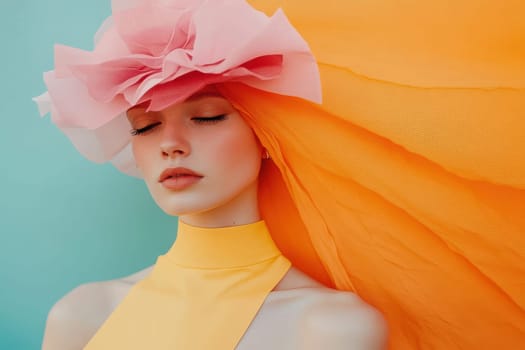 The model showcases a striking combination of soft pink and orange fabrics, creating a clean and minimalist aesthetic. The backdrop enhances the fashions vibrant color palette and elegance.