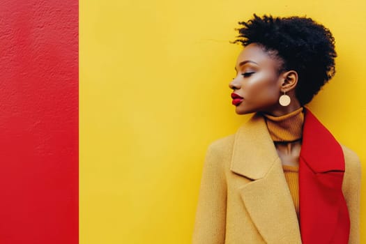 The woman showcases a chic minimalist fashion look with bold colors, standing elegantly against a bright yellow and red background. Her confidence is highlighted by the vivid backdrop.