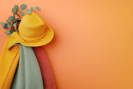 A collection of colorful fashion accessories hangs on a wall, featuring a yellow hat and textured scarves in soft green and coral shades, complemented by eucalyptus branches for a fresh touch.