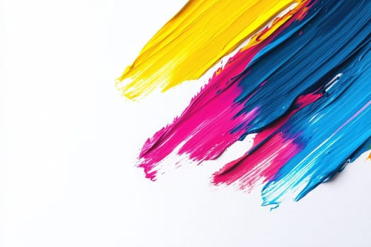 Bold strokes of yellow, pink, blue, and teal paint flow across a pristine white surface, showcasing creativity and artistic expression. The dynamic patterns invite interpretation and inspiration.