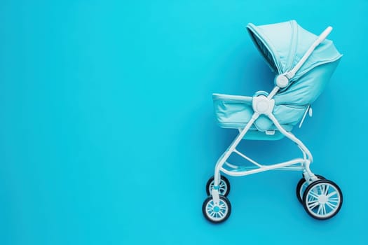 A compact baby buggy stands out on a solid blue background, showcasing its sleek design and practical features.