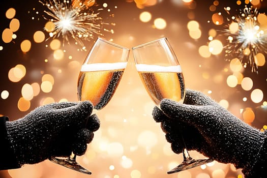 Two hands wearing warm gloves holding a glass of champagne toasting on New Years eve with sparkling fireworks in background. AI generated image