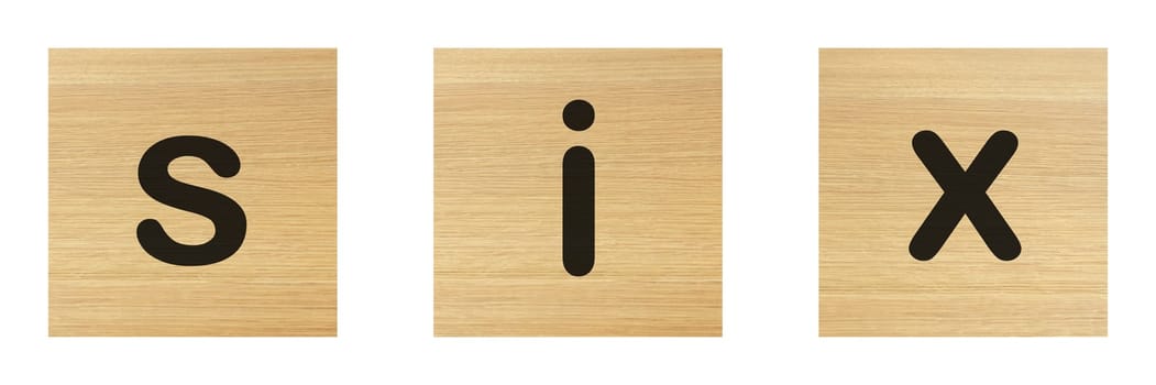 Six word with wood blocks on white