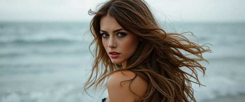 A brunette woman in a swimsuit gazes back while standing near the shoreline. Gentle sea waves lap at her feet under a clear blue sky. Long hair, beautiful young face. Travel and clothing adverts. AI.