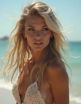 A blonde woman in a swimsuit gazes back while standing near the shoreline. Gentle sea waves lap at her feet under a clear blue sky. Long hair, beautiful young face. Travel and clothing adverts. AI.