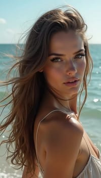 A brunette woman in a swimsuit gazes back while standing near the shoreline. Gentle sea waves lap at her feet under a clear blue sky. Long hair, beautiful young face. Travel and clothing adverts. AI.