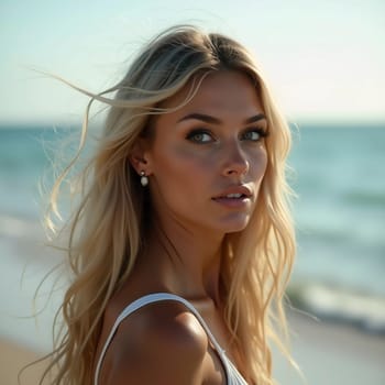 A blonde woman in a swimsuit gazes back while standing near the shoreline. Gentle sea waves lap at her feet under a clear blue sky. Long hair, beautiful young face. Travel and clothing adverts. AI.