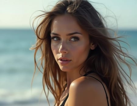 A brunette woman in a swimsuit gazes back while standing near the shoreline. Gentle sea waves lap at her feet under a clear blue sky. Long hair, beautiful young face. Travel and clothing adverts. AI.