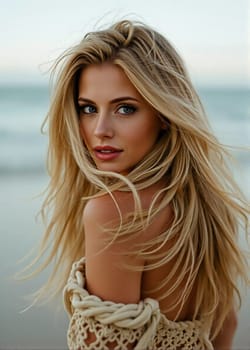A blonde woman in a swimsuit gazes back while standing near the shoreline. Gentle sea waves lap at her feet under a clear blue sky. Long hair, beautiful young face. Travel and clothing adverts. AI.