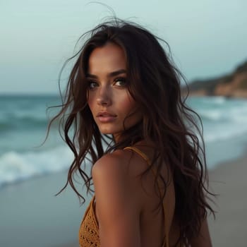 A brunette woman in a swimsuit gazes back while standing near the shoreline. Gentle sea waves lap at her feet under a clear blue sky. Long hair, beautiful young face. Travel and clothing adverts. AI.