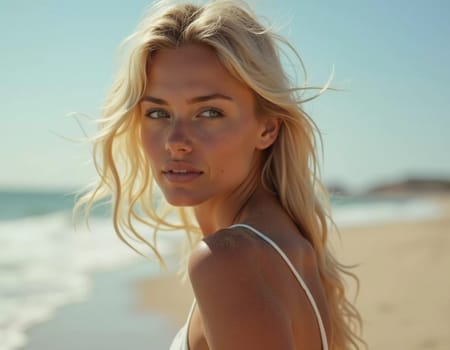 A blonde woman in a swimsuit gazes back while standing near the shoreline. Gentle sea waves lap at her feet under a clear blue sky. Long hair, beautiful young face. Travel and clothing adverts. AI.