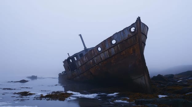 An old rusted shipwreck rests half submerged in shallow waters surrounded by seaweed and shrouded in thick fog during early morning.
