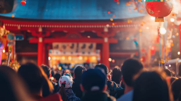 A vibrant crowd gathers at a temple festival surrounded by colorful decorations and lanterns celebrating under a clear sky.