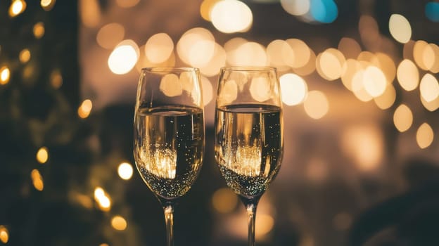 Two glasses of sparkling drink clink together amidst warm twinkling lights creating a festive and joyful atmosphere for celebration.