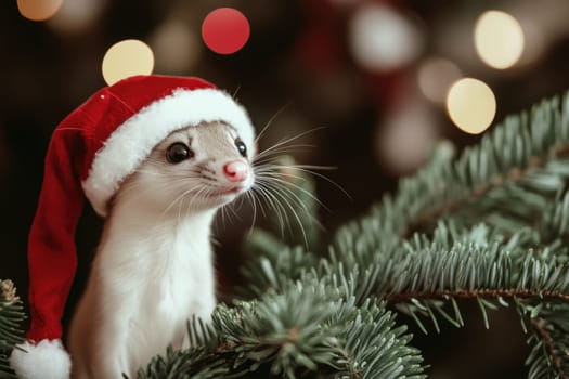 A weasel dons a festive Santa hat while perched among the branches of a Christmas tree creating a cheerful holiday atmosphere.