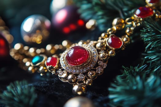 A stunning piece of jewelry adorned with red gemstones and gold accents rests among festive holiday decorations highlighting its intricate design.