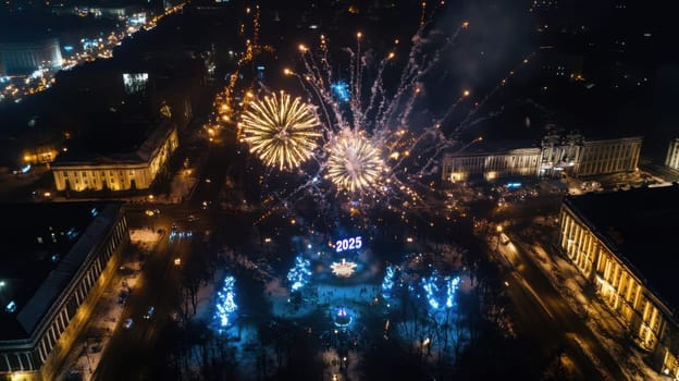 Spectacular fireworks illuminate the cityscape as people gather to welcome the New Year in a vibrant display of colors and excitement.