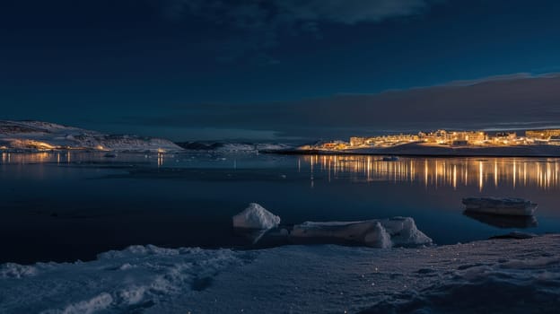 A serene winter night reveals a snow covered landscape reflecting city lights along a tranquil waters edge.
