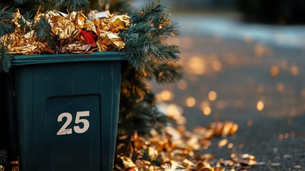 A green bin filled with decorative Christmas items sits beside a tree surrounded by golden wrappers and soft glowing lights.