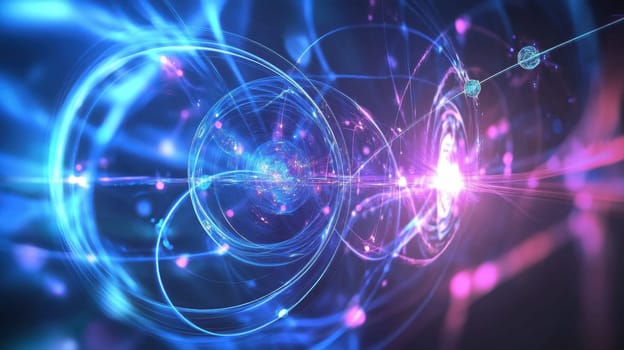 Colorful waves and particles interact in a vibrant display illustrating the dynamic realm of quantum physics and energy transformations.