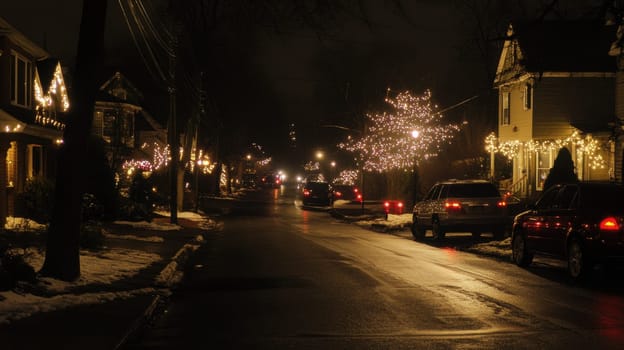 Twinkling holiday lights adorn homes along a peaceful suburban street at night creating a warm festive atmosphere in winter.