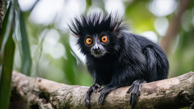 A striking black monkey with vibrant orange eyes perches on a branch in a lush jungle setting showcasing its remarkable features.