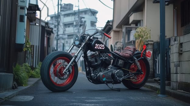 A classic motorcycle rests against a building in a serene alley showcasing its unique design and vibrant colors on a sunny day.