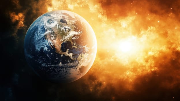 The Earth floats in space surrounded by a brilliant cosmic explosion and starry backdrop showcasing its beauty and fragility.