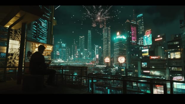 A person sits on a balcony overlooking a vibrant city skyline filled with bright lights and bursting fireworks at night.