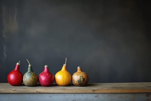 A variety of colorful gourds are arranged in a line on a vintage wooden table against a dark background creating a rustic atmosphere.