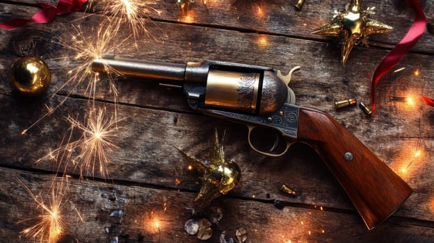 A vintage revolver rests on a weathered wooden table among vibrant decorations and sparklers creating a striking contrast.