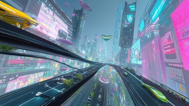 A bustling futuristic city is alive with neon lights flying vehicles and towering skyscrapers reflecting a vibrant and advanced urban life.