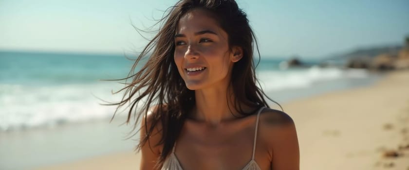 Brunette woman stands by ocean or sea, enjoying sun and surf while wearing a stylish swimsuit, highlighting relaxed beach atmosphere. Beautiful young face. Advertisement for travel or clothes. AI.