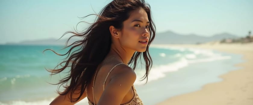 Brunette woman stands by ocean or sea, enjoying sun and surf while wearing a stylish swimsuit, highlighting relaxed beach atmosphere. Beautiful young face. Advertisement for travel or clothes. AI.