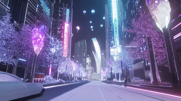 A colorful urban street comes alive at night with bright lights and decorative trees creating a festive atmosphere in the city.
