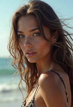 A brunette woman in a swimsuit gazes back while standing near the shoreline. Gentle sea waves lap at her feet under a clear blue sky. Long hair, beautiful young face. Travel and clothing adverts. AI.