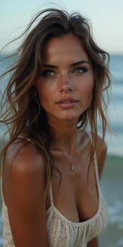Brunette woman stands by ocean or sea, enjoying sun and surf while wearing a stylish swimsuit, highlighting relaxed beach atmosphere. Beautiful young face. Advertisement for travel or clothes. AI.