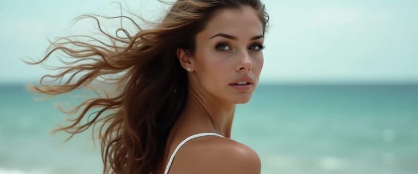 A brunette woman in a swimsuit gazes back while standing near the shoreline. Gentle sea waves lap at her feet under a clear blue sky. Long hair, beautiful young face. Travel and clothing adverts. AI.