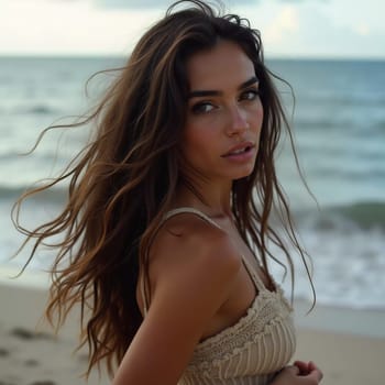 A brunette woman in a swimsuit gazes back while standing near the shoreline. Gentle sea waves lap at her feet under a clear blue sky. Long hair, beautiful young face. Travel and clothing adverts. AI.
