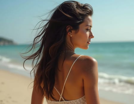 Brunette woman stands by ocean or sea, enjoying sun and surf while wearing a stylish swimsuit, highlighting relaxed beach atmosphere. Beautiful young face. Advertisement for travel or clothes. AI.
