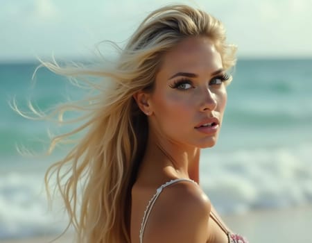 A blonde woman in a swimsuit gazes back while standing near the shoreline. Gentle sea waves lap at her feet under a clear blue sky. Long hair, beautiful young face. Travel and clothing adverts. AI.