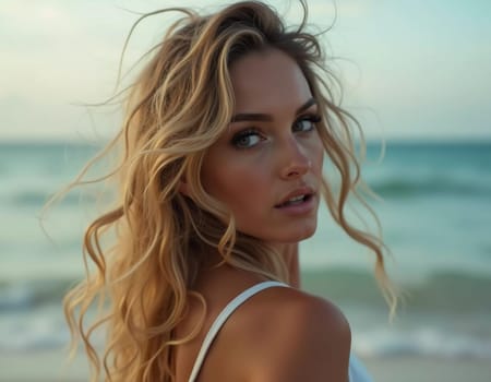 A blonde woman in a swimsuit gazes back while standing near the shoreline. Gentle sea waves lap at her feet under a clear blue sky. Long hair, beautiful young face. Travel and clothing adverts. AI.
