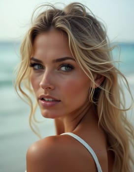 A blonde woman in a swimsuit gazes back while standing near the shoreline. Gentle sea waves lap at her feet under a clear blue sky. Long hair, beautiful young face. Travel and clothing adverts. AI.