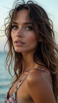 A brunette woman in a swimsuit gazes back while standing near the shoreline. Gentle sea waves lap at her feet under a clear blue sky. Long hair, beautiful young face. Travel and clothing adverts. AI.