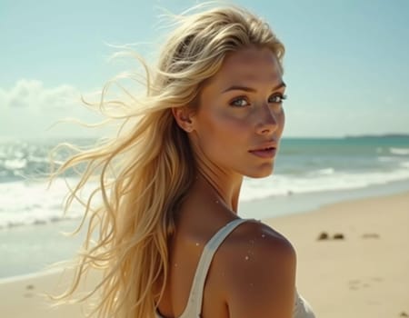 A blonde woman in a swimsuit gazes back while standing near the shoreline. Gentle sea waves lap at her feet under a clear blue sky. Long hair, beautiful young face. Travel and clothing adverts. AI.