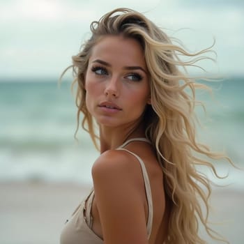 A blonde woman in a swimsuit gazes back while standing near the shoreline. Gentle sea waves lap at her feet under a clear blue sky. Long hair, beautiful young face. Travel and clothing adverts. AI.