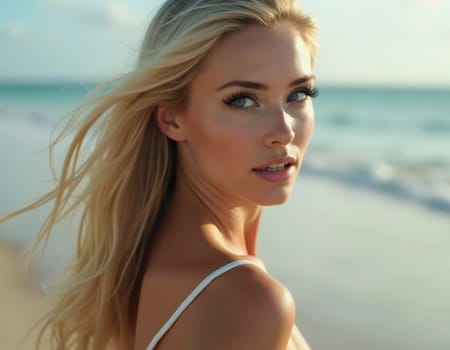 A blonde woman in a swimsuit gazes back while standing near the shoreline. Gentle sea waves lap at her feet under a clear blue sky. Long hair, beautiful young face. Travel and clothing adverts. AI.
