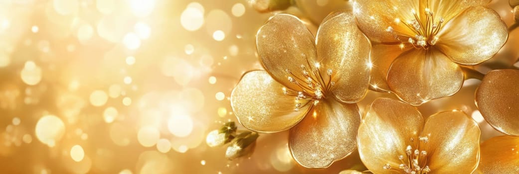 Luxury golden floral background with glittering particles. Magic gold flowers luxurious fairytale theme.