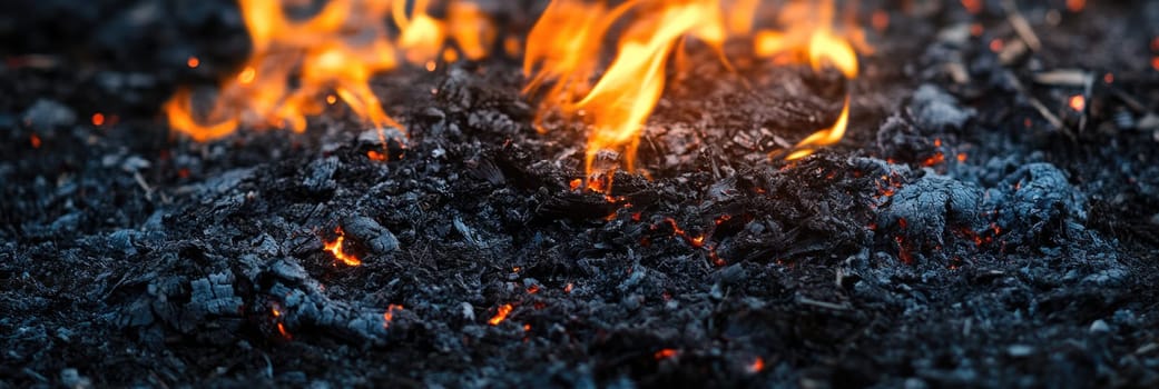 Ashes and fire burning with yellow and orange flame, fiery background.