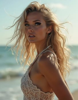 A blonde woman in a swimsuit gazes back while standing near the shoreline. Gentle sea waves lap at her feet under a clear blue sky. Long hair, beautiful young face. Travel and clothing adverts. AI.